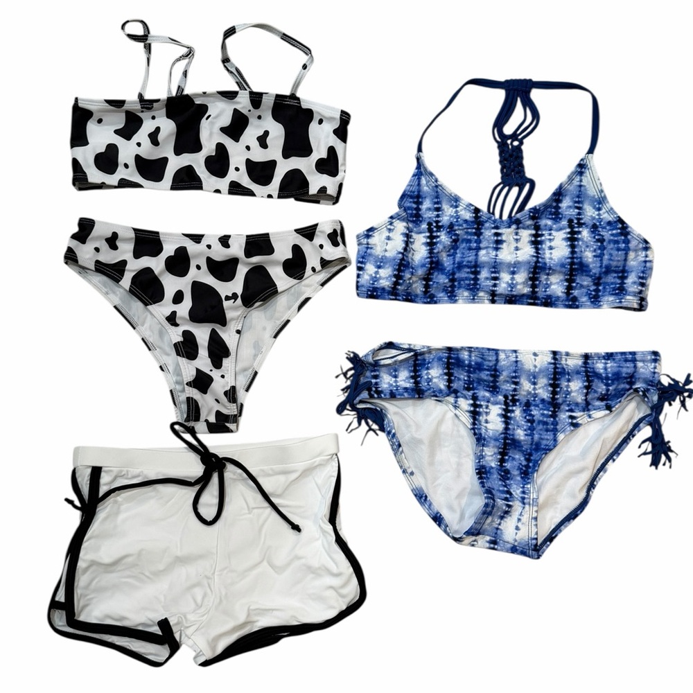 GIRLS BIKINI BUNDLE SIZE 14 White three piece set AND blue two piece set NEW